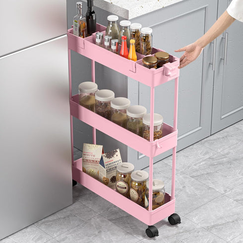 SPACELEAD Slim Storage Cart, 3 Tier Bathroom Rolling Utility Organizer, Mobile Shelving Unit, Pink