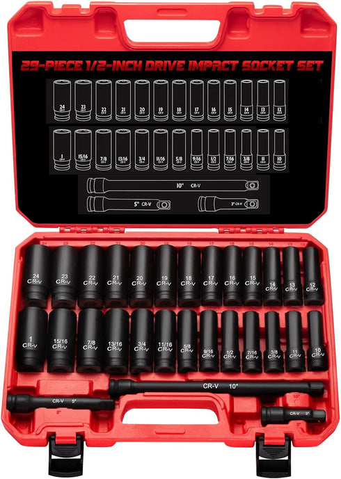 TOHOME 1/2" Drive Impact Socket Set 29-Piece, Cr-V-M Steel Deep Socket SAE(3/8" -