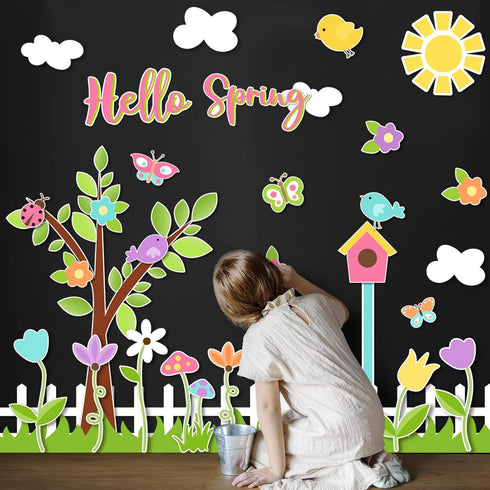 Whaline 116Pcs Spring Bulletin Board Decorations Set Colorful Tree Flower Bird Butterfly Cutouts