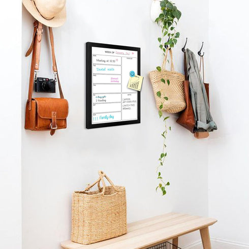 Weekly Dry Erase Whiteboard Calendar 15.7"x11.8", Magnetic Surface Memo Board for Wall, Black Wood Frame