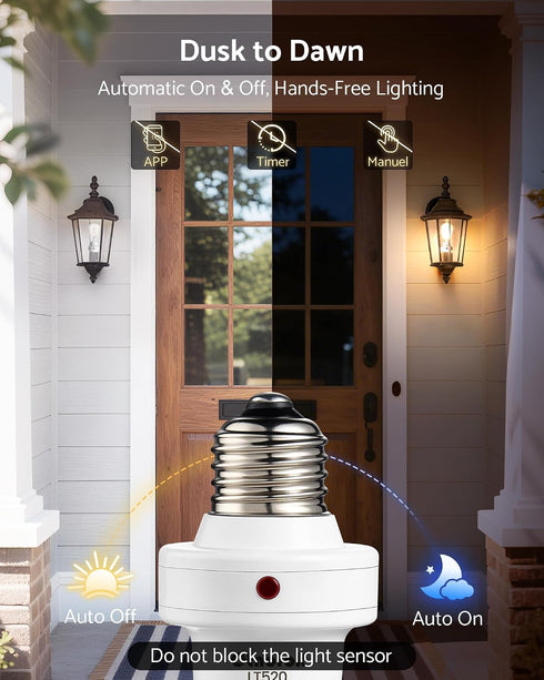 E26/E27 Bulb 300 4 Pack Light Sensor Socket, Light Socket, Automatic Dusk to Dawn Photocell Sensor with Adjustable