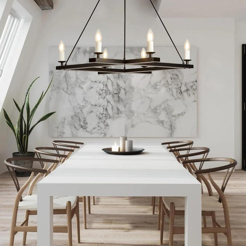 Chandeliers,6-Light Fixture,43" Black Farmhouse Square Dining Room Chandelier Light Rectangular Candle Chandelier