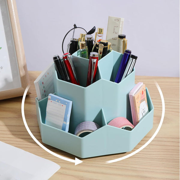 Desktop Organizer with Pencil Holders, Office Caddy for Pen, Colored Pencil, Art Brushes, 9 Compartments (Beige, Blue)