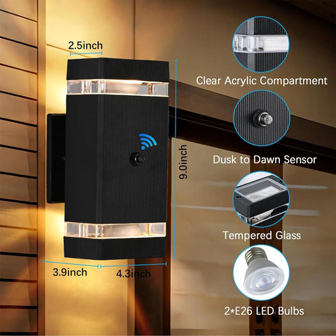futxnziey 1 Pack, Outdoor Wall Lights Integrated LED Up Down Lights, Modern Black Outdoor Wall Light with Dusk to Dawn