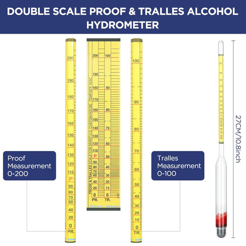 Hydrometer Alcohol Meter Test Kit Hydrometer Alcohol 0-200 Proof Digital Hydrometer Alcohol with 1 Glass Cylinder, 1 Brush and 2 Airlock for Proofing Distilled, Alcohol Content Tester