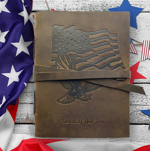 Leather Bound Journal for Men and Women, Handmade Gift Set with USA Flag Embossed Journal & Pen