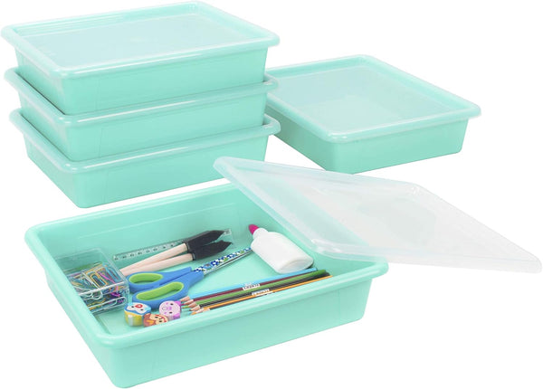 Storex Letter Size Flat Storage Tray, Organizer Bin with Non-Snap Lid for Classroom, Office, Home, Teal, 5-Pack