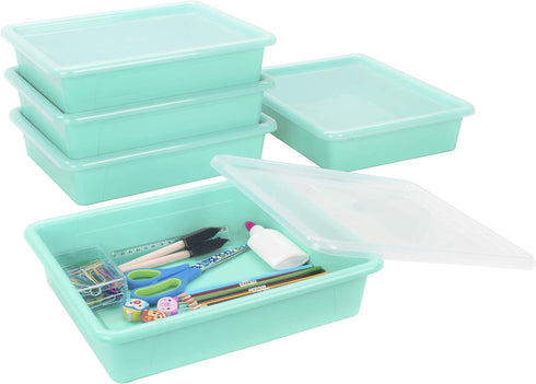 Storex Letter Size Flat Storage Tray – Organizer Bin with Non-Snap Lid, Teal, 5-Pack for Classroom, Office, Home