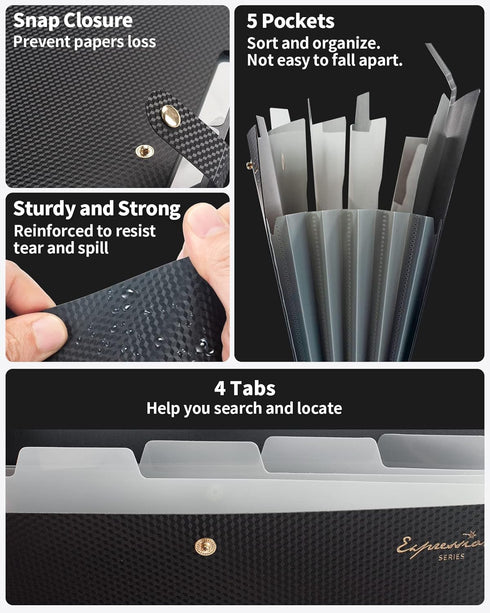 Sooez Expanding File Folder, 5 Pocket Accordion Organizer for Documents - Cute Folder with Labels, Portable A4 Size,