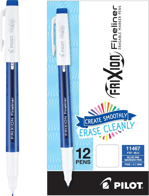 Pilot FriXion Fineliner Erasable Marker Pens, Fine Point 0.7 mm, Pack of 12, Blue