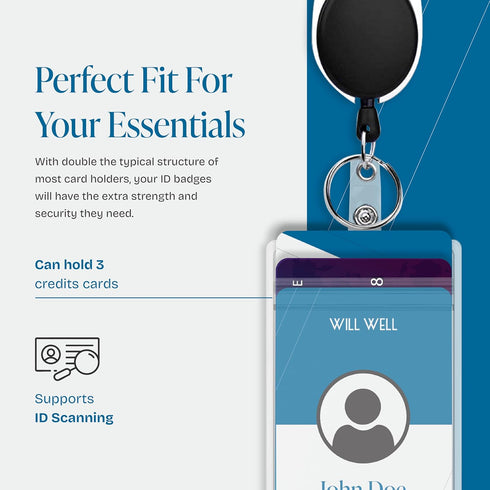 Will Well 2-Pack ID Badge Holders with Clip and Keyring, Vertical Clear Plastic Sleeves, 2.52" x 3.58", Black Reels