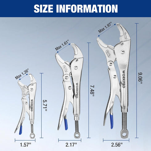 5-Piece Set, 5"/7"/10" 6.5"/9.5" WORKPRO Locking Pliers Curved Jaw & Long Nose, CR-MO Steel Construction