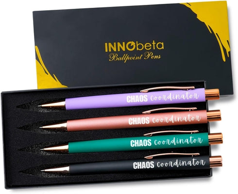 InnoBeta Chaos Coordinator Gifts - Ballpoint Pen Set of 4, Funny Inspirational Pens for Office Thank You Gifts