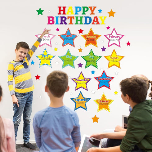 Happy Birthday Bulletin Board Set, Glitter Star Decorations with Confetti Cutouts for Classroom Birthday Calendar