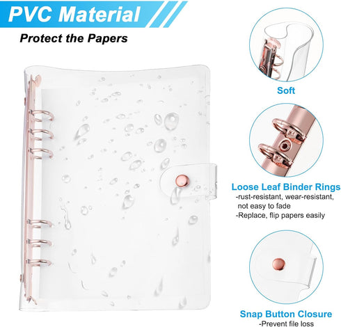 PATIKIL A5 Clear Binder Cover, 2Pcs Soft PVC Loose Leaf Binder Protector with Snap Button Closure, 6 Ring, Rose Gold