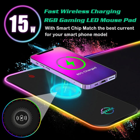 RGB LED Mouse Pad with 15W Wireless Charger, Extra Large Non-Slip Rubber Base Gaming Mousepad for PC
