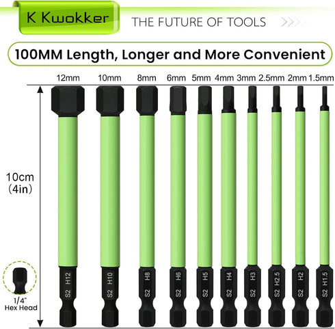 10Pcs 3.94" Long 1/4" Hex Head Allen Wrench Drill Bits, Metric Hex Key Drill Bit Set with Magnetic Tips
