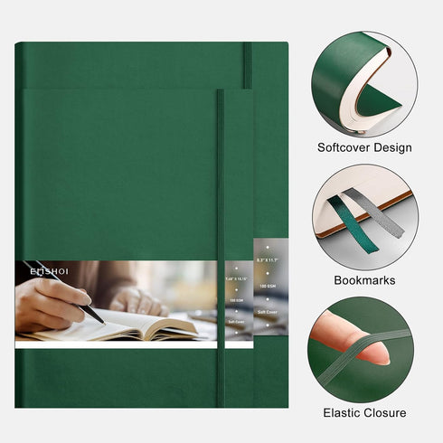 EMSHOI Bible Journal Lined Notebook, 400 Pages B5 College Ruled Notebook with Sticky Notes, 100gsm Thick Paper, Softcover Leather Journal for Women Men Work Writing, 7.48" x 10.15", Dark Green
