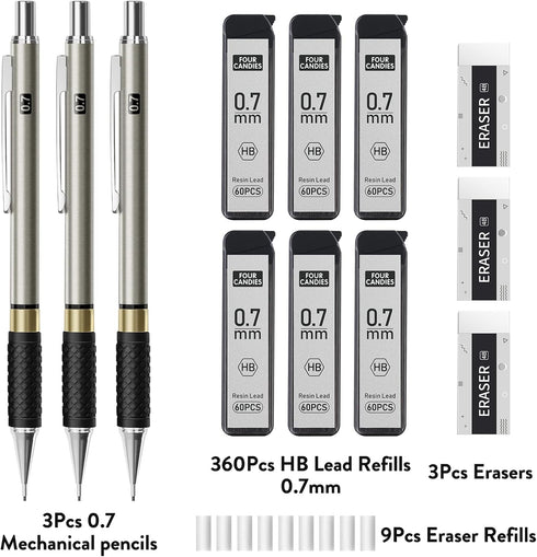 Four Candies Metal Mechanical Pencil Set - 3PCS 0.7mm Art Pencils & 360PCS HB Lead Refills & 3 Erasers