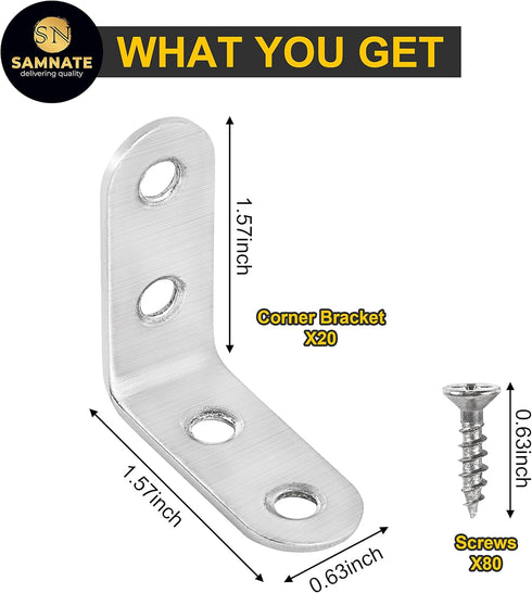 SAMNATE 404016X2mm 90 (20 Pack) Stainless Steel L Brackets Right Angle Corner Brace with Screws, Degree Small Metal
