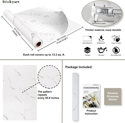Stickyart White Marble Wallpaper Peel and Stick Thick Marble Contact Paper for Bathroom Countertops, 12"x160" Removable