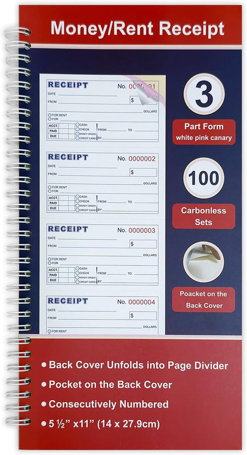 IWIZPRINT Money and Rent Receipt Book 3-Part Carbonless 5-1/2" x 11" Spiral Bound