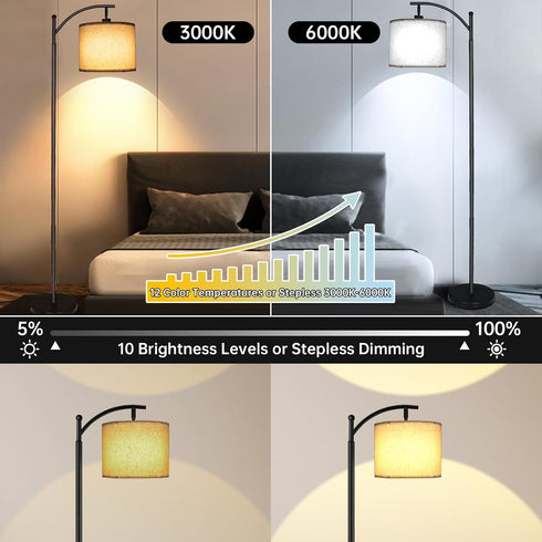 12W 1200LM 12 Dimmable mukuxin LED Floor Lamps for Living Room, Modern Arc Floor Lamp with Remote & Adjustable Linen