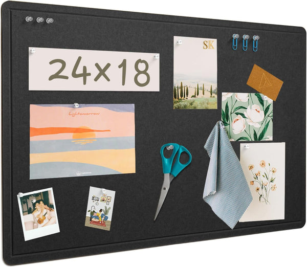 Large Bulletin Board, 24 x 18 inches Felt Decorative Pin Board, Self-Adhesive Vision Board with 20 Pushpins - Black
