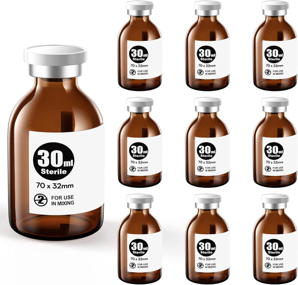 Ks-Tek Sterile Empty Vials with Self Healing Injection Port,with Aluminum plastic Cap,Sterile Package (30ml Amber,10)