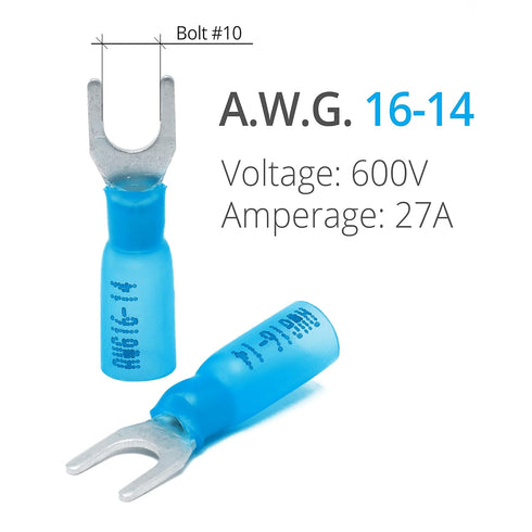 Wirefy 130 PCS Marine Grade Heat Shrink Fork Connectors #10, Blue 16-14 Gauge Universal Wire Connectors
