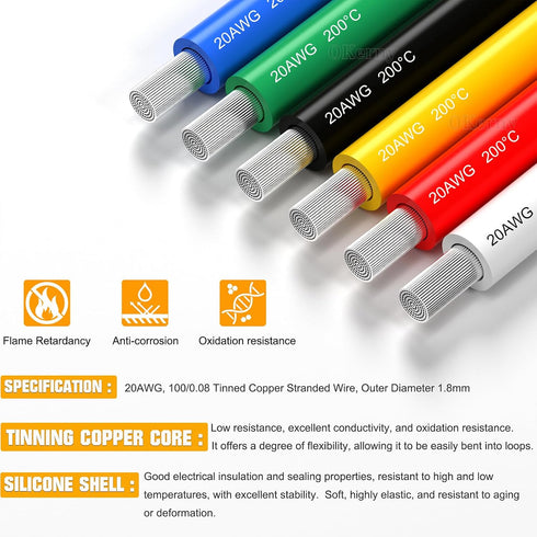 20 6 29.5ft/9M -60 200 AWG Wire Stranded Solid Core Hook-Up Flexible Wires, Colors Harnesses Each Roll Soft Silicone