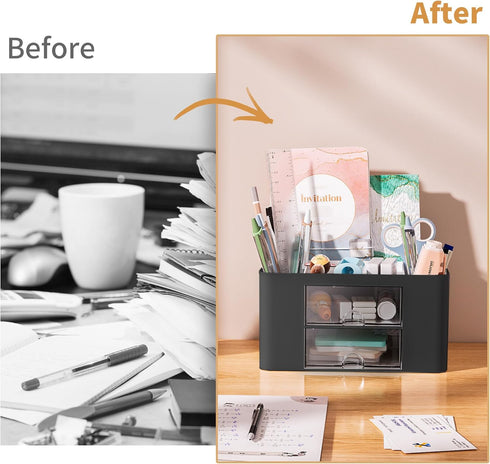 Marbrasse Pen Organizer with 2 Drawers, Multi-Functional Pencil Holder for Desk, 5 Compartments + Drawer (Black)