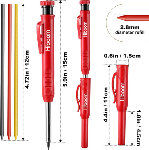 Hiboom 4 Pack Carpenter Pencils Set with 24 Refills, 2.8 mm Mechanical Carpenter Pencil Built in Sharpener Woodworking Marking Tool Solid Long Nosed Deep Hole Construction Pencil (Red) by Hiboom