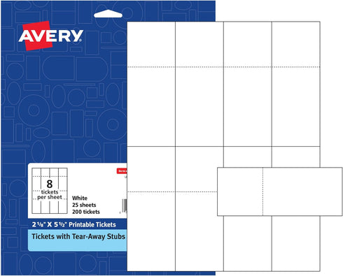 Avery Printable Tickets, 2-1/8" x 5-1/2", Laser/Inkjet, 200 Total for Raffle Tickets (16431)