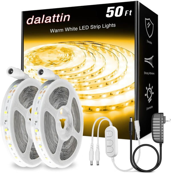 dalattin Warm White LED Strip Lights 50ft, Led Lights Strip Dimmable Bright