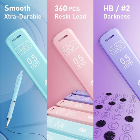 Four Candies Pastel Mechanical Pencil Set, 3PCS 0.5mm Pencils with 360PCS HB Lead Refills, 3PCS Erasers for Drawing