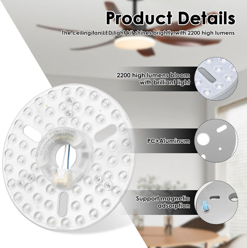 NEMTMCUA 6.3" 2200LM 3CCT 3000K 4200K 6500K 24W Ceiling Fan LED Light Panel Replacement Kit, Bright Daylight, Retrofit