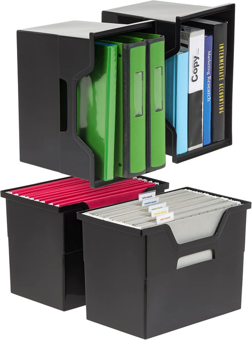 IRIS USA Large Portable Desktop File Box, 4 Pack with Open Lid, Side Handles for Letter Size, Black