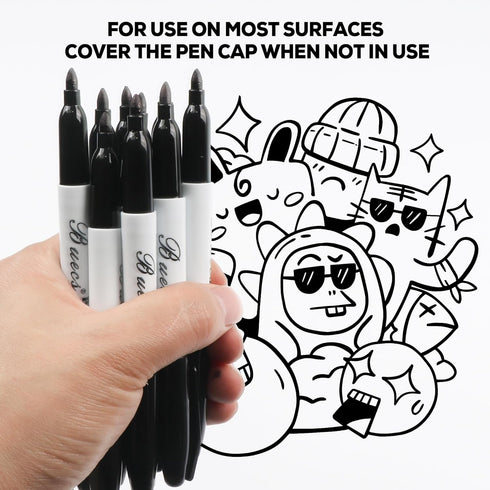 Buecs 60 Count Permanent Markers, Black Permanent Markers, Fine Point, Waterproof & Smear Proof Markers, Quick Drying