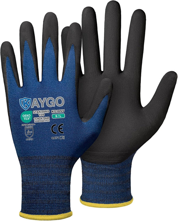 KAYGO Safety Work Gloves, MicroFoam Nitrile Coated, 3 Pairs, KG18NB, Seamless Knit Nylon Glove for General Purpose