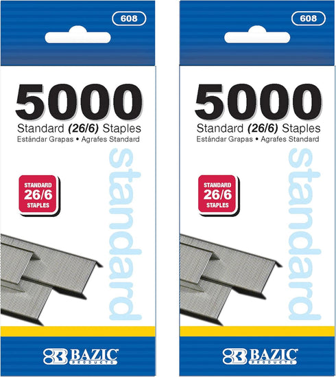 BAZIC Staples Standard (26/6) 5000/Pack, Silver Colors, 2-Packs