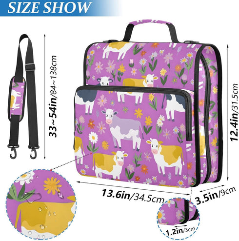 ALAZA 3 500 Ring Zipper Binder Milk Cow Wildflowers Binders Bag with Shoulder Strap Sheets Paper Organizer Trapper
