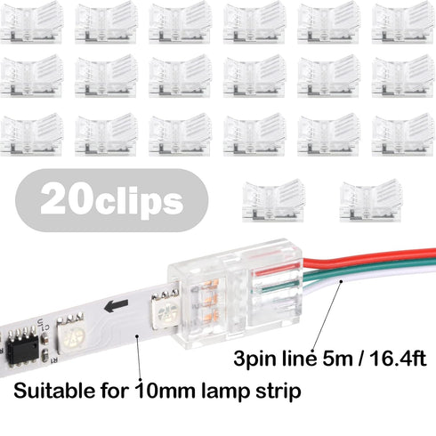 20 Pieces 3 Pin LED Light Connectors, Strip to Wire Quick Connector for 5050 LED RGB Strip Light