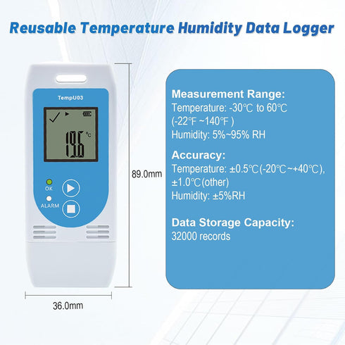 32000 Tzone Reusable Temperature and Humidity Data Logger USB,Temp Recorder Humidity Logger with PDF&CSV Report,Digital