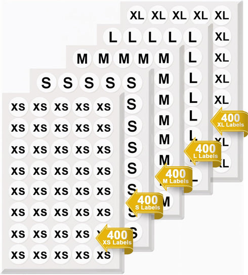 Size Stickers for Clothing, Pack of 2000 Round Self-Adhesive 3/4" Labels, Includes XS S M L XL Clothing Size Stickers