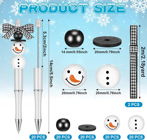 Beadable Pens Bulk Winter Bead Pens and Snowmen Wooden Beads Buffalo Plaid Ribbon Snowman Ballpoint Pens Plastic Black Ink Pen Winter Gifts for Christmas Kids Students School Office Supplies(102 Pcs)