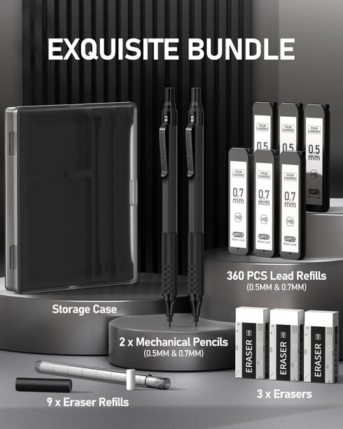 Four Candies 2PCS Metal Mechanical Pencils Set with Case, 0.5mm & 0.7mm Artist Pencil with 360PCS HB Refills