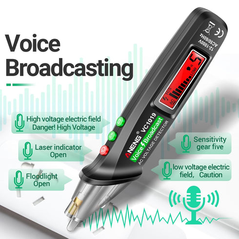 ANENG Voice Broadcast Non Contact Voltage tester with Range AC 12V-1000V,Live/Null Wire Electrical Tools with LCD Display,Flashlight,Pocket-Sized Pen Dector,Buzzer Alarm,Wire Breakpoint Finder