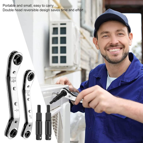 HVAC Service Wrench, 3/8 1/4 5/16 Refrigeration Service Wrench Set Air Conditioner Valve Ratchet Wrench with 2 Bit Adapter for Equipment Repair
