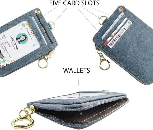 ID Badge Holder with Lanyard Wallet, PU Leather Card Holder with 1 Clear ID Window, 4 Credit Card Slots, Cash Coin Slot